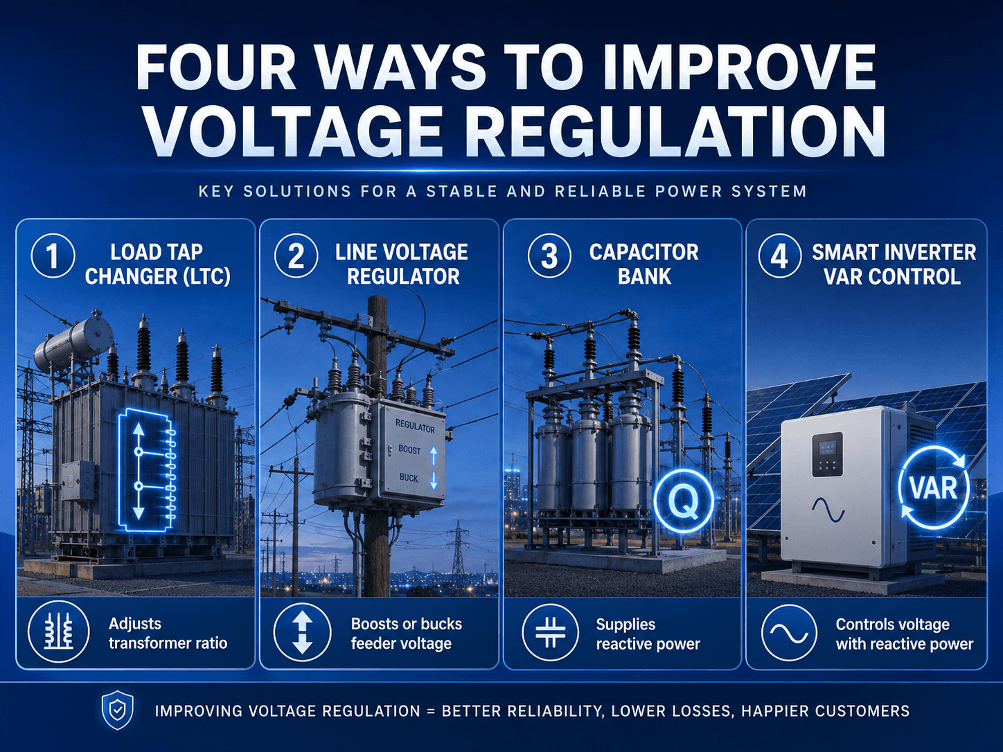 Four methods to improve voltage regulation including load tap changers, line voltage regulators, capacitor banks, and smart inverter VAR control