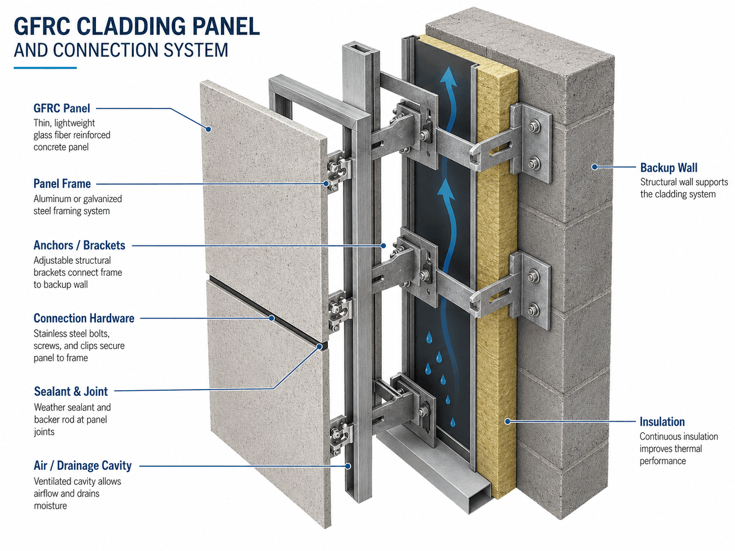 Diagram showing a GFRC cladding panel and connection system with panel, frame, anchors, brackets, hardware, sealant joint, drainage cavity, insulation, and backup wall