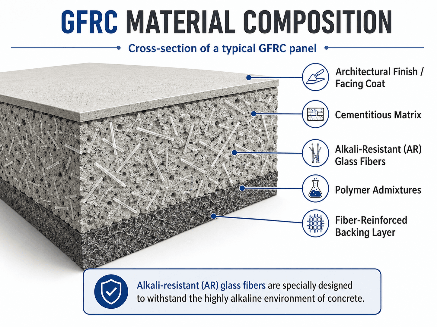 Diagram showing glass fiber reinforced concrete composition with facing coat, cementitious matrix, alkali-resistant glass fibers, polymer admixtures, and fiber-reinforced backing layer