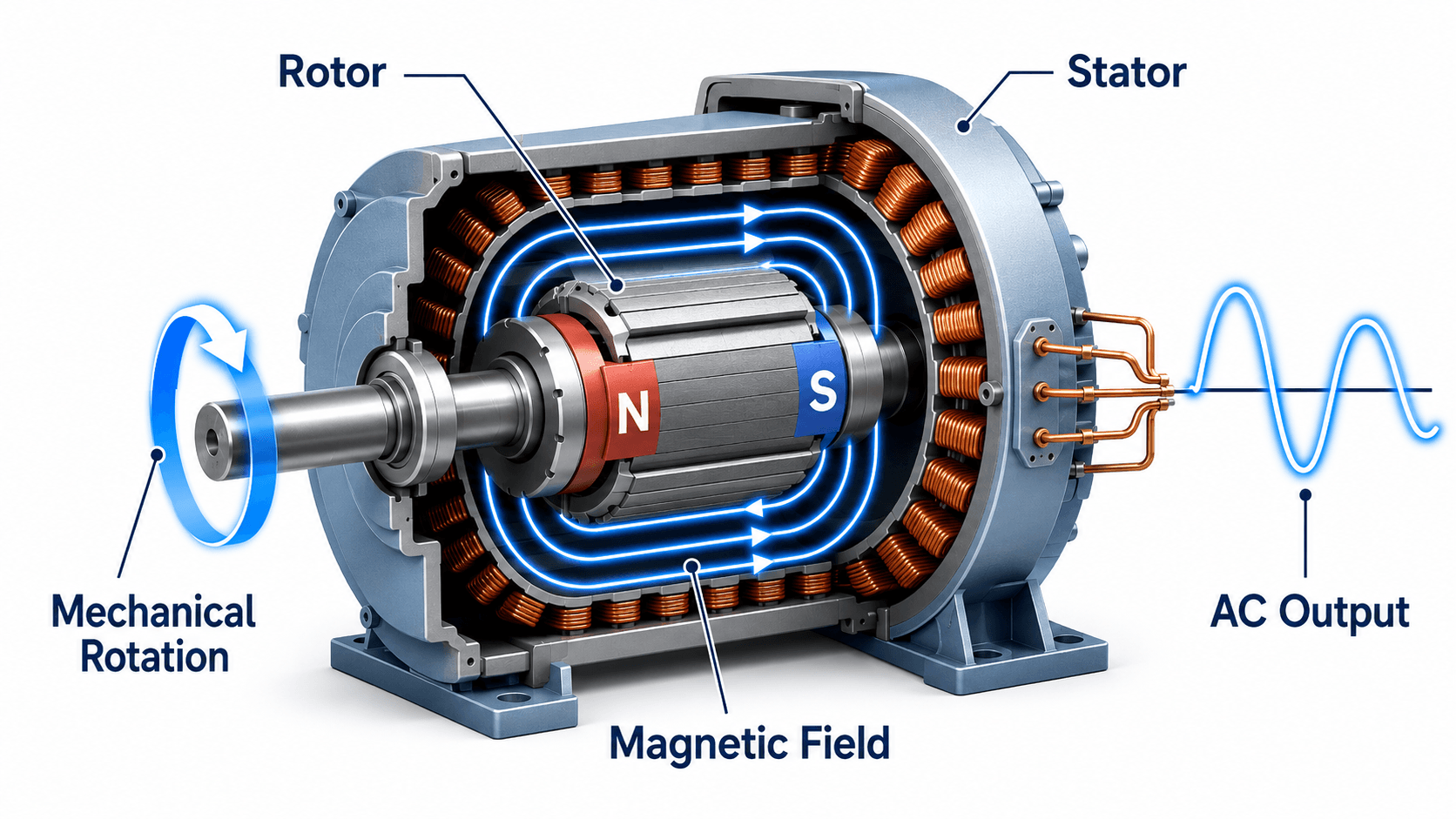 Cutaway generator diagram showing the rotor, stator, magnetic field, mechanical rotation, and AC output waveform