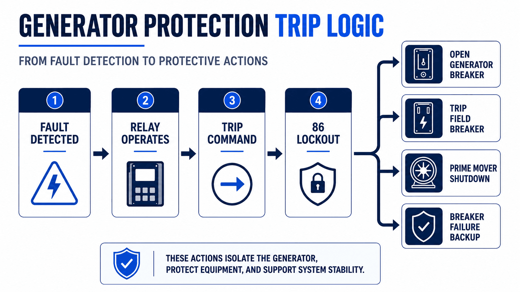Generator protection trip logic flowchart from fault detected to relay operates trip command 86 lockout generator breaker field breaker prime mover shutdown and breaker failure backup