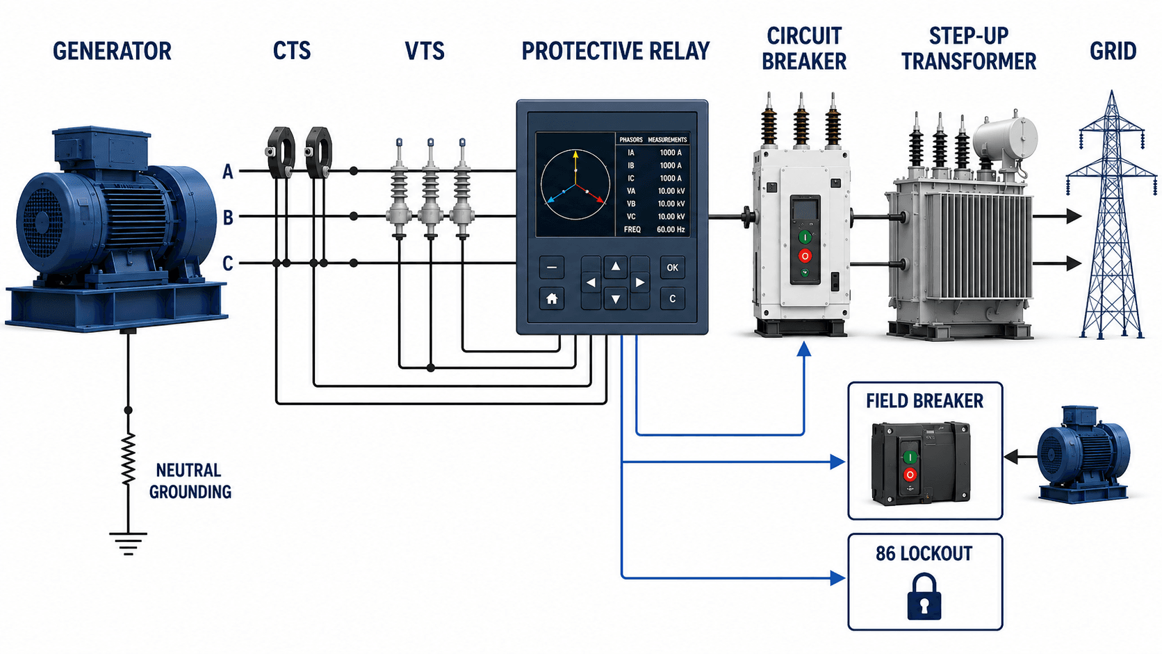 Generator protection one-line diagram showing generator CTs VTs protective relay circuit breaker step-up transformer grid neutral grounding field breaker and 86 lockout