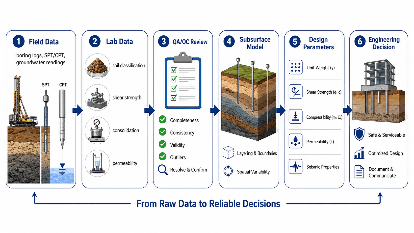 Geotechnical data analysis process showing field data, lab data, QA/QC review, subsurface modeling, design parameters, and engineering decisions