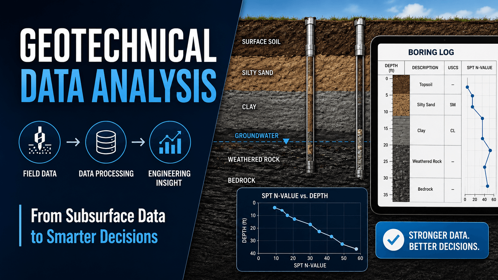 Geotechnical Data Analysis: Boring Logs, Soil Data & QA