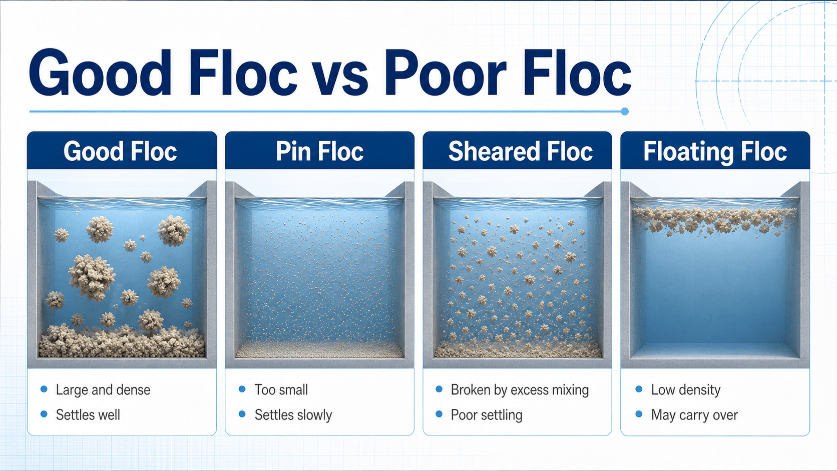 Good floc versus poor floc diagram comparing large dense floc, pin floc, sheared floc, and floating floc in water treatment