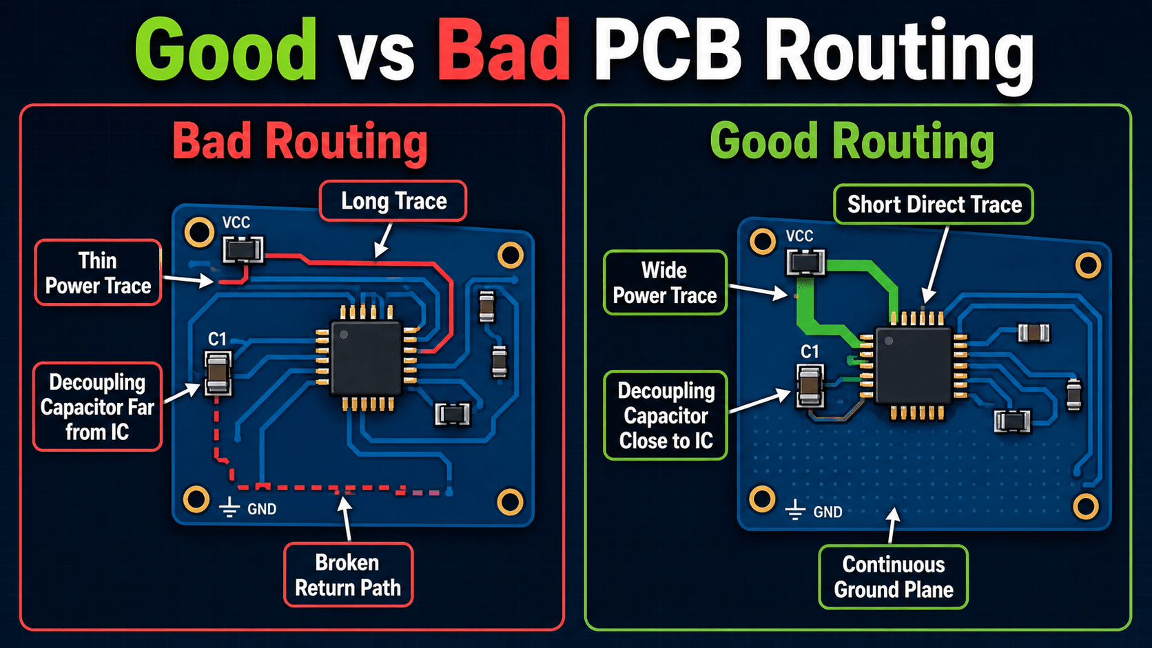 Good versus bad PCB routing diagram comparing long traces thin power traces distant decoupling and broken return paths against short traces wide power traces close decoupling and continuous ground plane