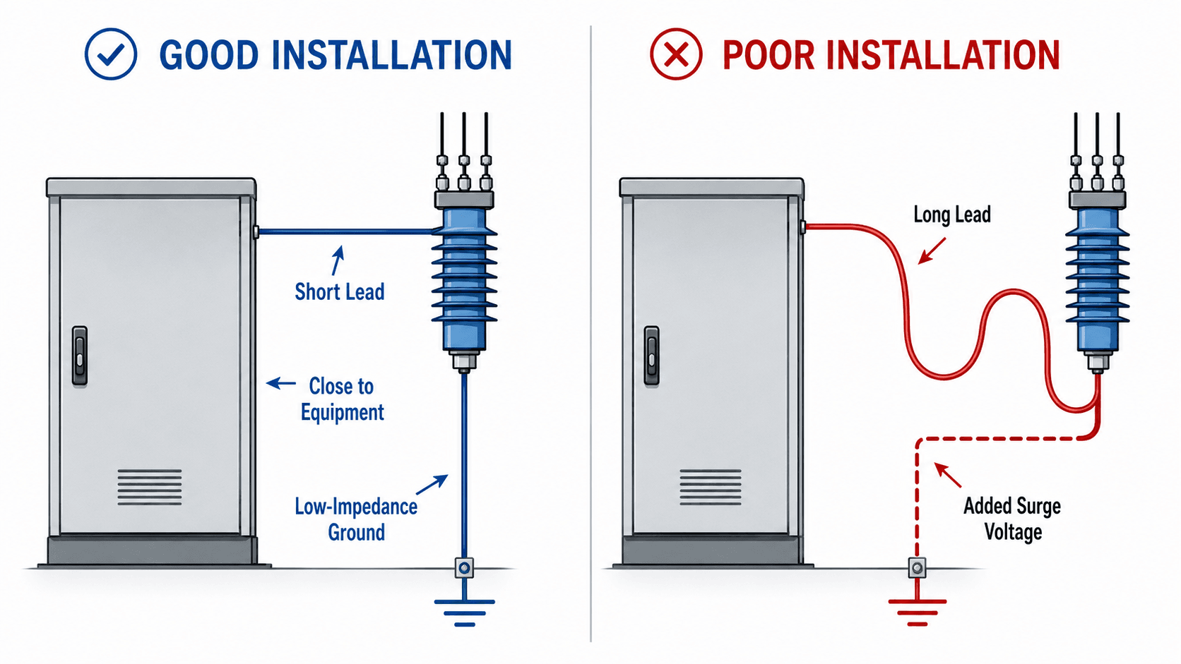 Comparison diagram showing good surge arrester installation with short leads and low-impedance grounding versus poor installation with long looping leads