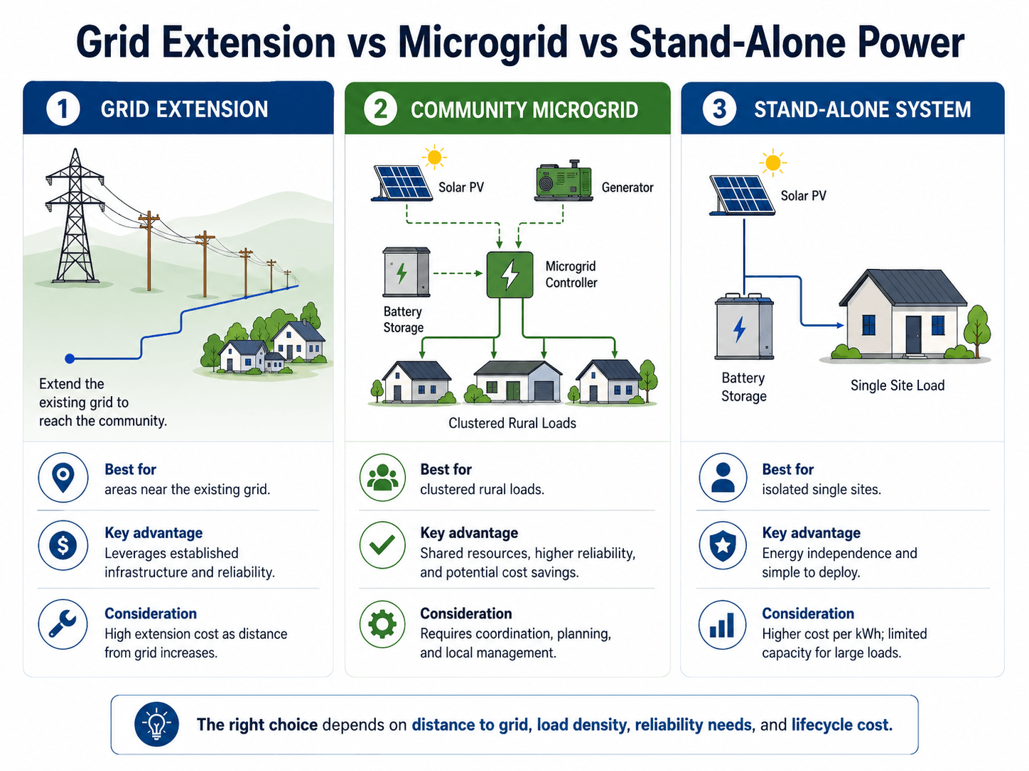 Comparison of grid extension, community microgrid, and stand-alone rural power system options