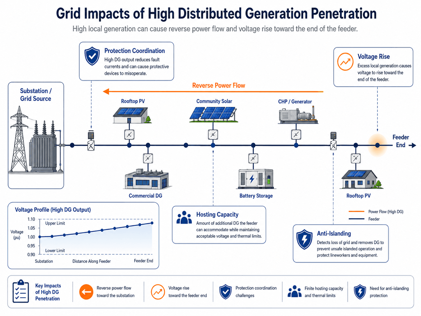 Grid impact infographic showing reverse power flow, voltage rise, protection coordination, hosting capacity, and anti-islanding for high distributed generation penetration