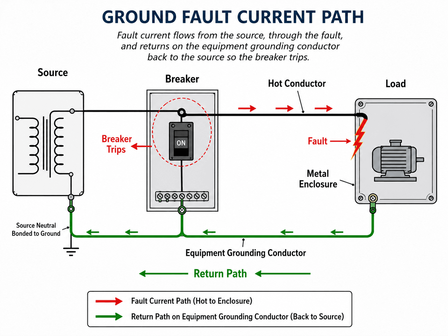 Ground fault current path diagram showing fault current returning through an equipment grounding conductor back to the source so a breaker trips