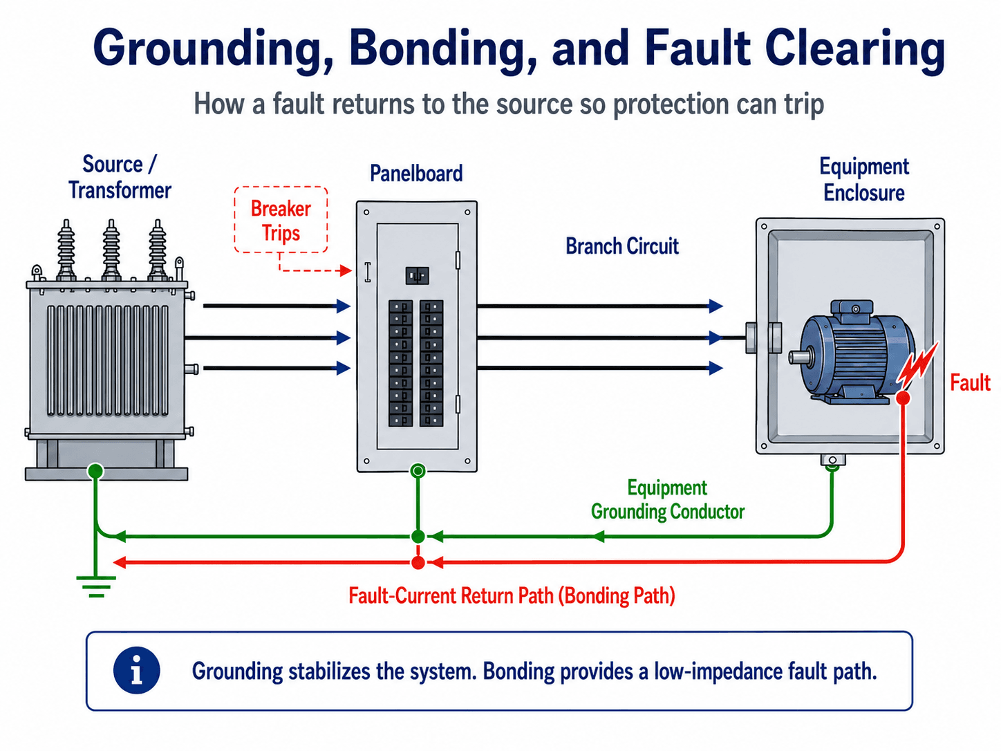 Grounding and bonding fault path in a low voltage power system showing how a breaker trips