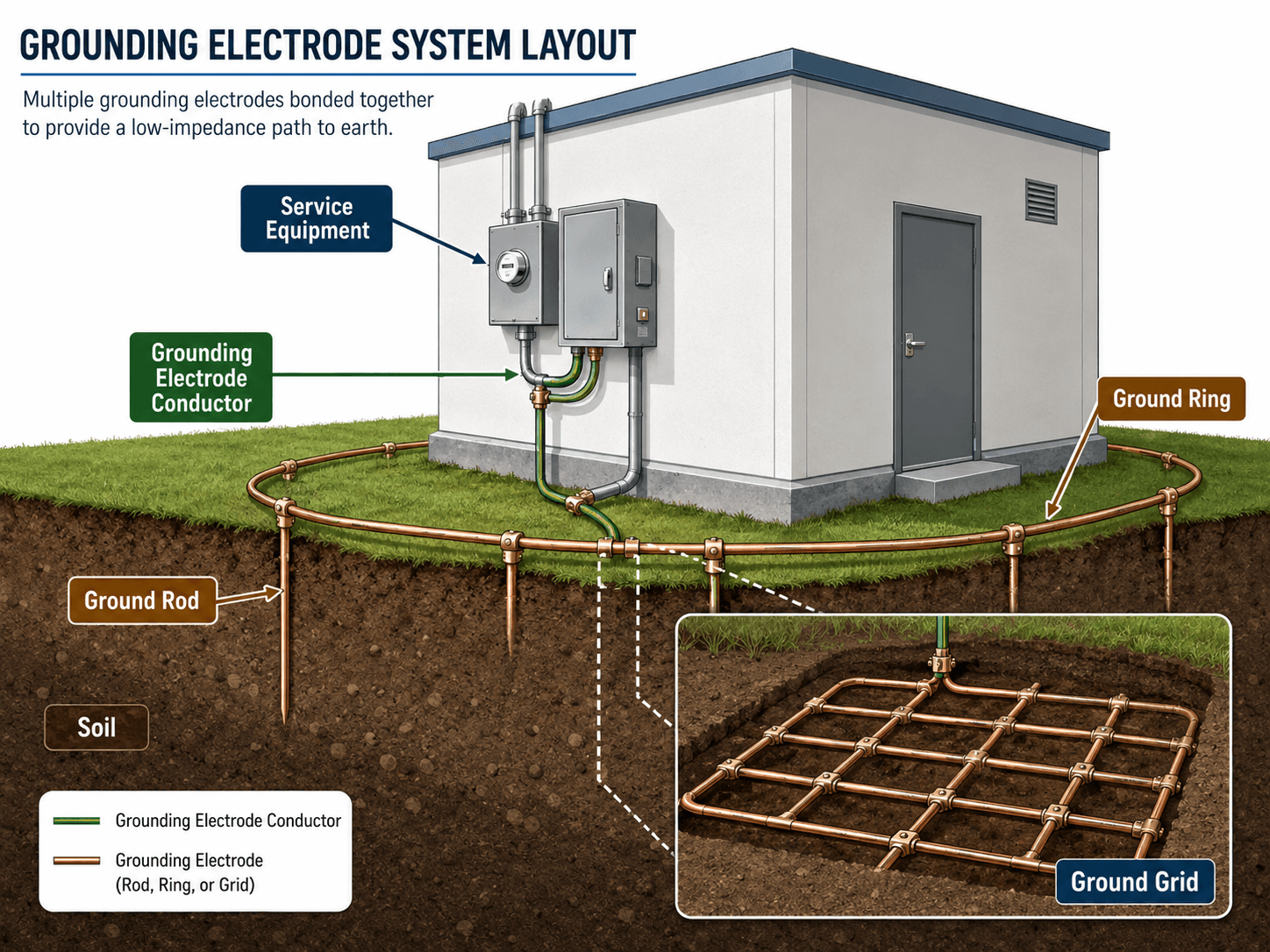 Grounding electrode system layout showing service equipment connected to a ground rod, ground ring, and buried ground grid