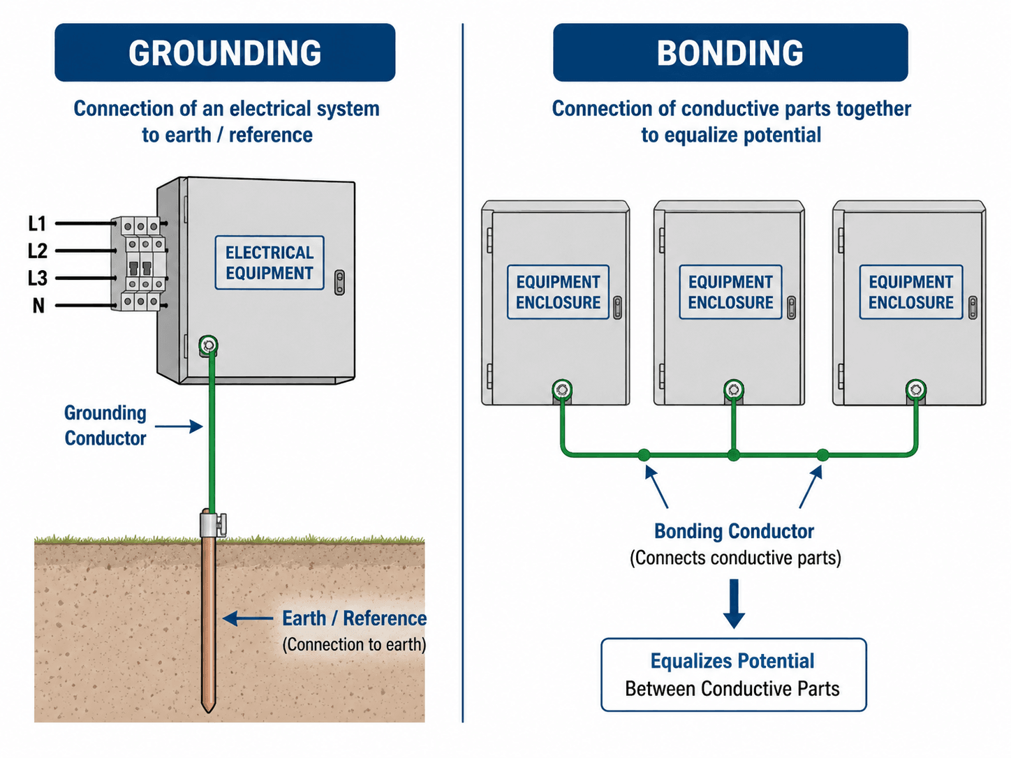 Grounding versus bonding diagram showing grounding to earth reference and bonding conductors connecting equipment enclosures together