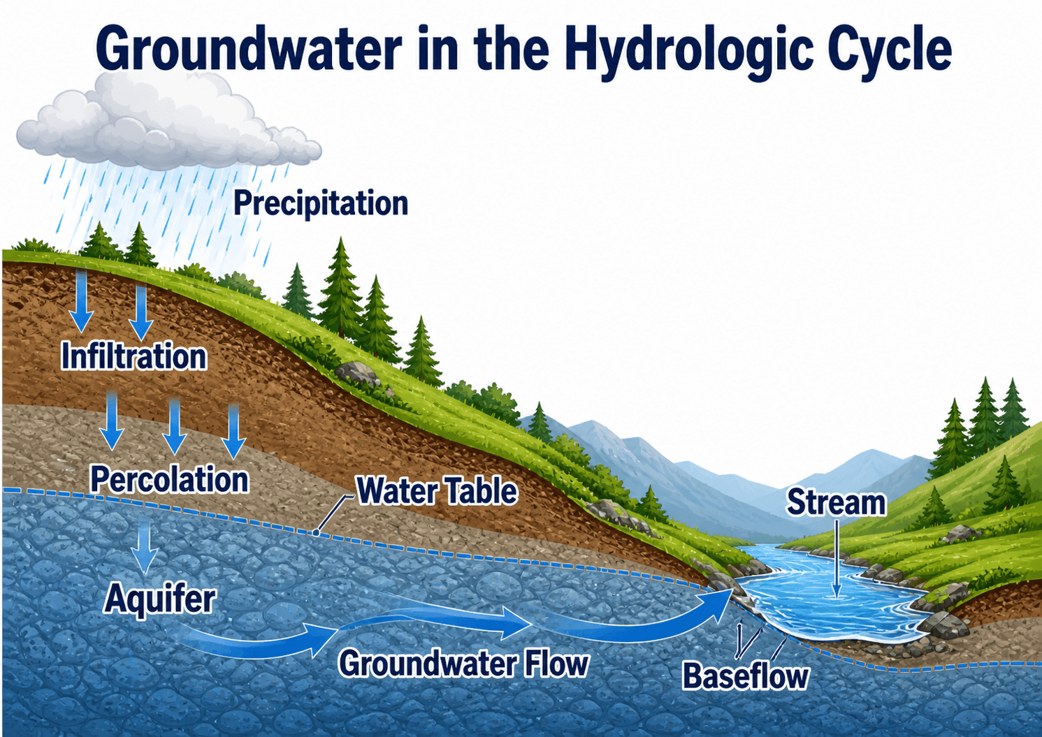 Groundwater cutaway diagram showing precipitation, infiltration, percolation, aquifer storage, water table, groundwater flow, baseflow, and stream connection