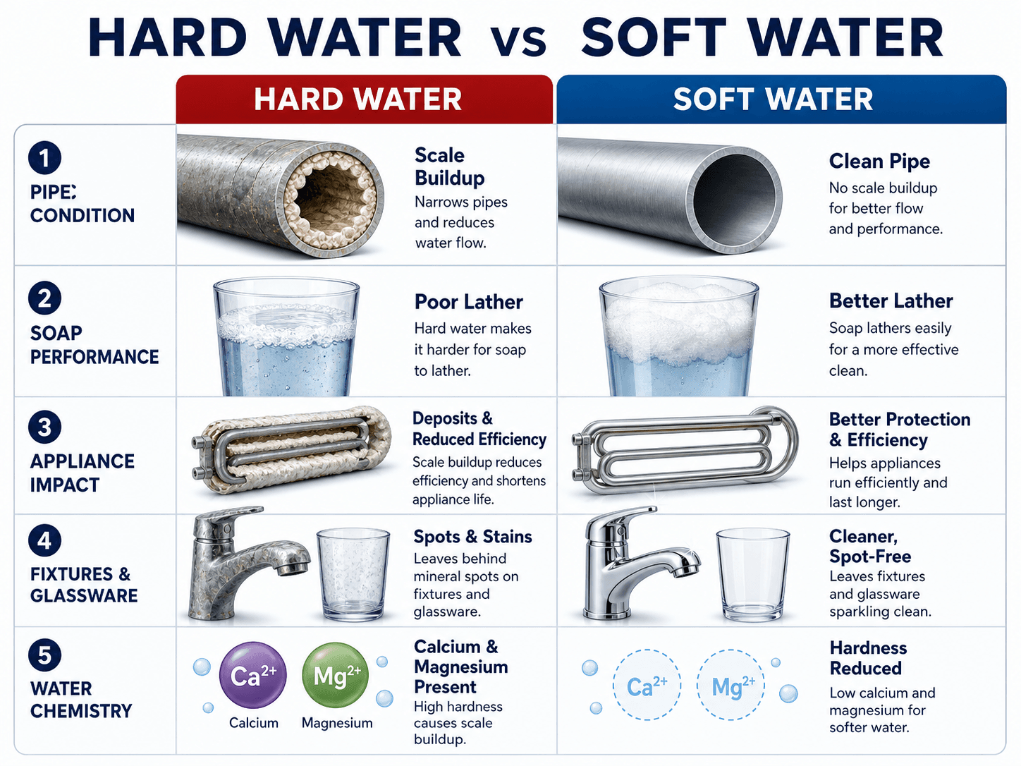 Hard water versus soft water comparison showing scale buildup, soap lather, appliance deposits, and reduced hardness