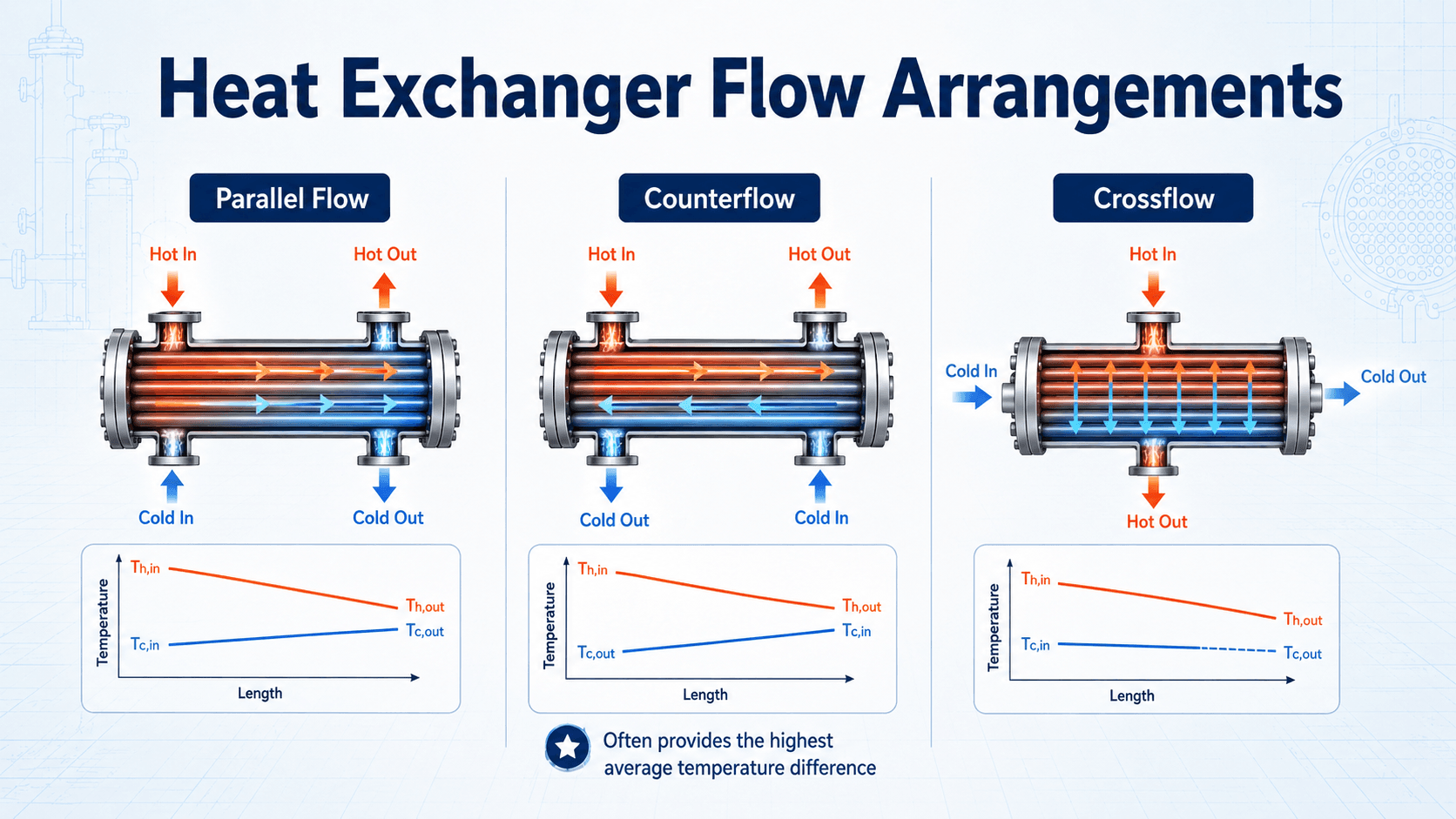 Comparison diagram of parallel flow, counterflow, and crossflow heat exchanger arrangements with temperature profiles