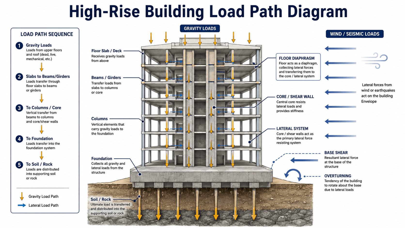 High-rise building load path diagram showing gravity loads moving downward through floors, beams, columns, core walls, and foundations while wind and seismic forces transfer laterally into the building system