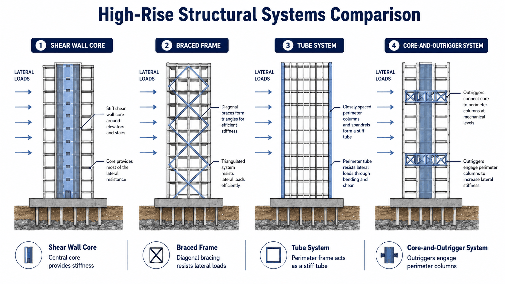 High-rise structural systems comparison diagram showing shear wall core, braced frame, tube system, and core-and-outrigger structural systems
