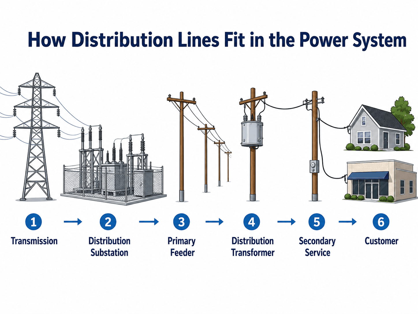 Diagram showing distribution lines between transmission, a distribution substation, primary feeder, distribution transformer, secondary service, and customer loads