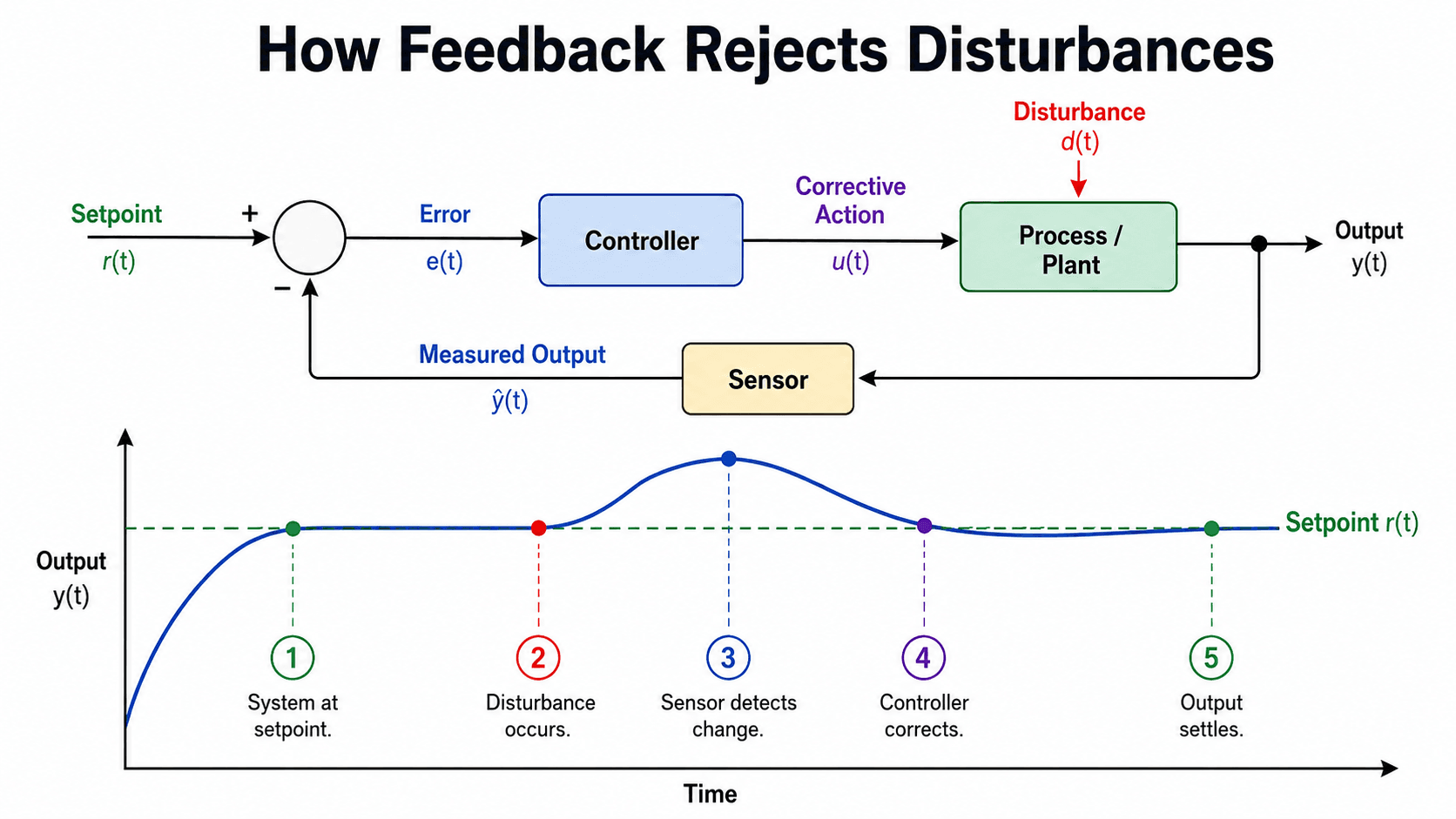 Feedback control disturbance rejection diagram showing setpoint, disturbance, measured output, controller correction, and output settling back to target