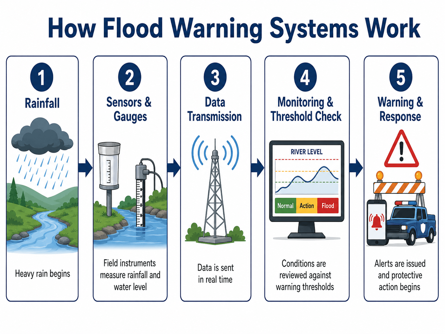 Diagram showing how a flood warning system moves from rainfall to gauges, data transmission, threshold monitoring, warning alerts, and emergency response.