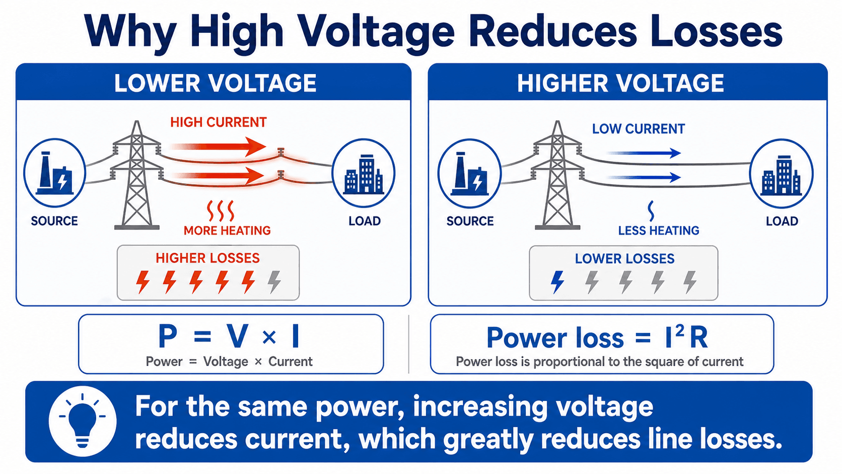 Infographic comparing lower-voltage high-current transmission with higher-voltage low-current transmission and showing that I squared R losses decrease when current is reduced.