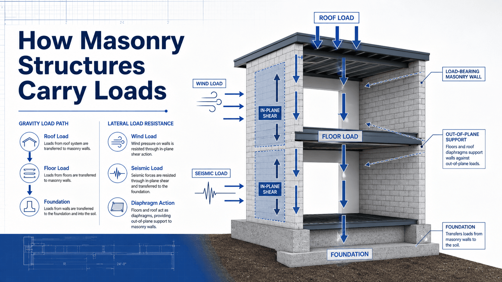 Diagram showing masonry structure load paths from roof and floor loads into load-bearing masonry walls, lateral shear resistance, diaphragm support, and foundation transfer.