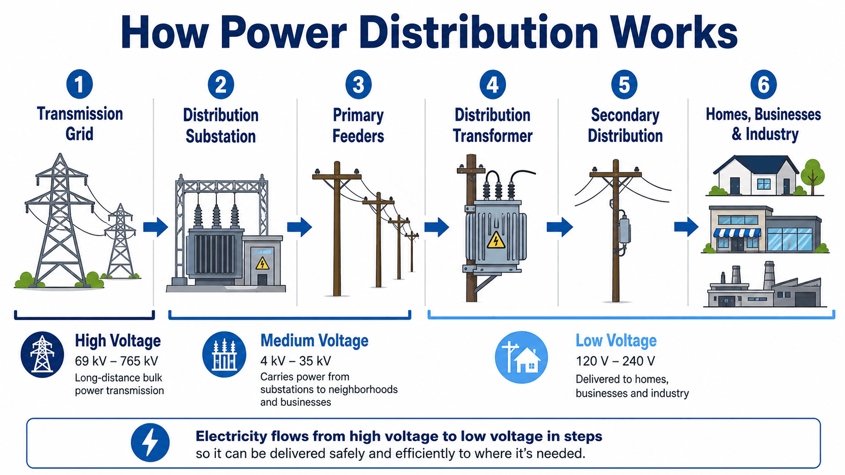 Step-by-step diagram showing how power distribution moves electricity from the transmission grid to a distribution substation, primary feeders, transformers, secondary distribution, and end users