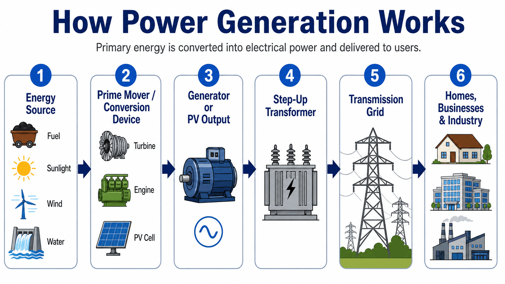 Diagram showing how power generation converts energy sources through a prime mover or PV cell into electrical output, transformers, transmission lines, and end users.