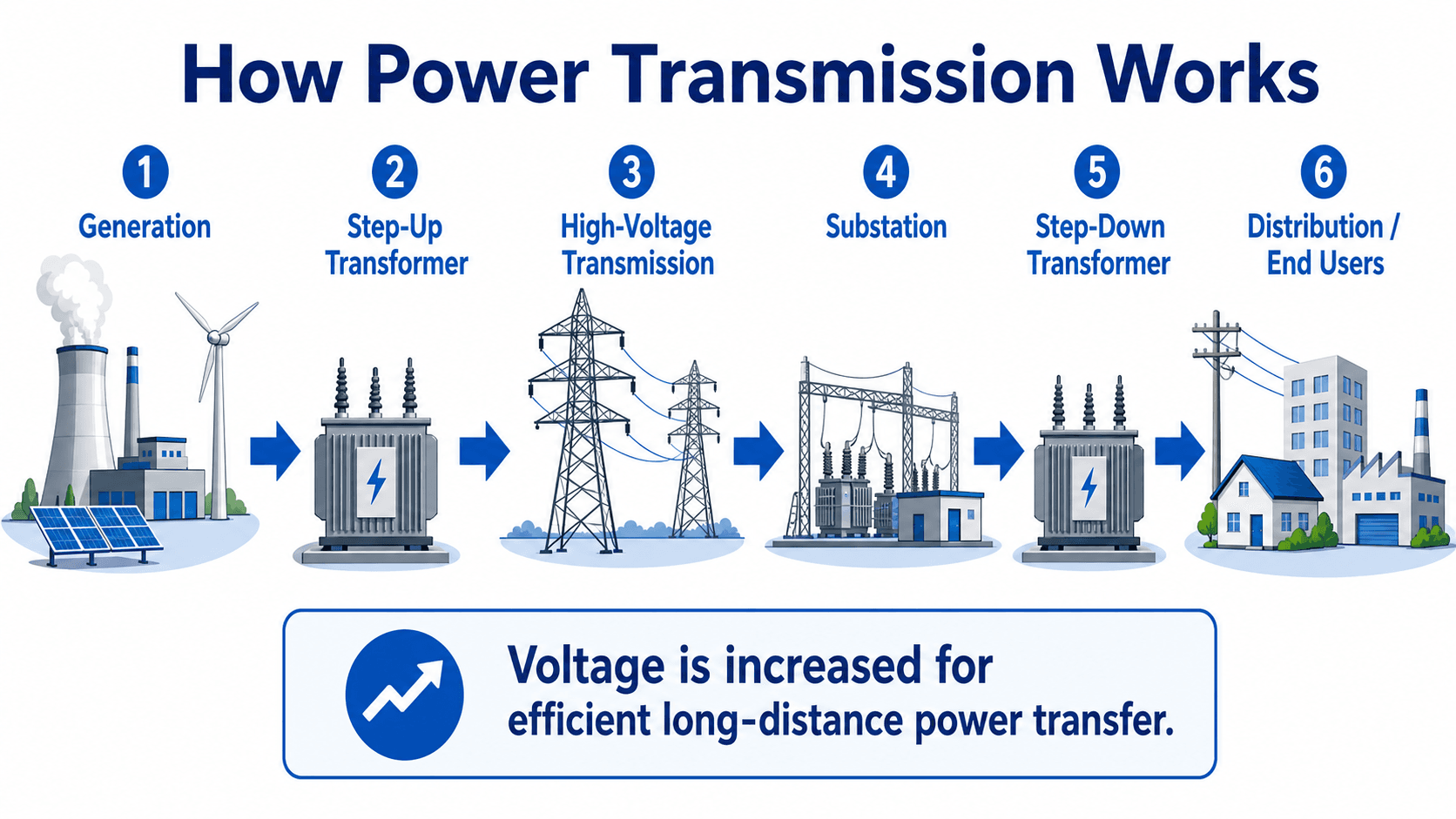 Diagram showing power transmission from generation through a step-up transformer, high-voltage transmission lines, substation, step-down transformer, and distribution loads.