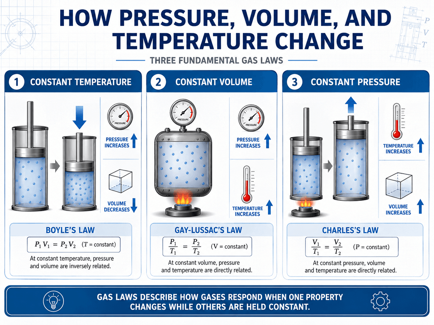 Diagram showing how pressure, volume, and temperature change under constant temperature, constant volume, and constant pressure gas law conditions