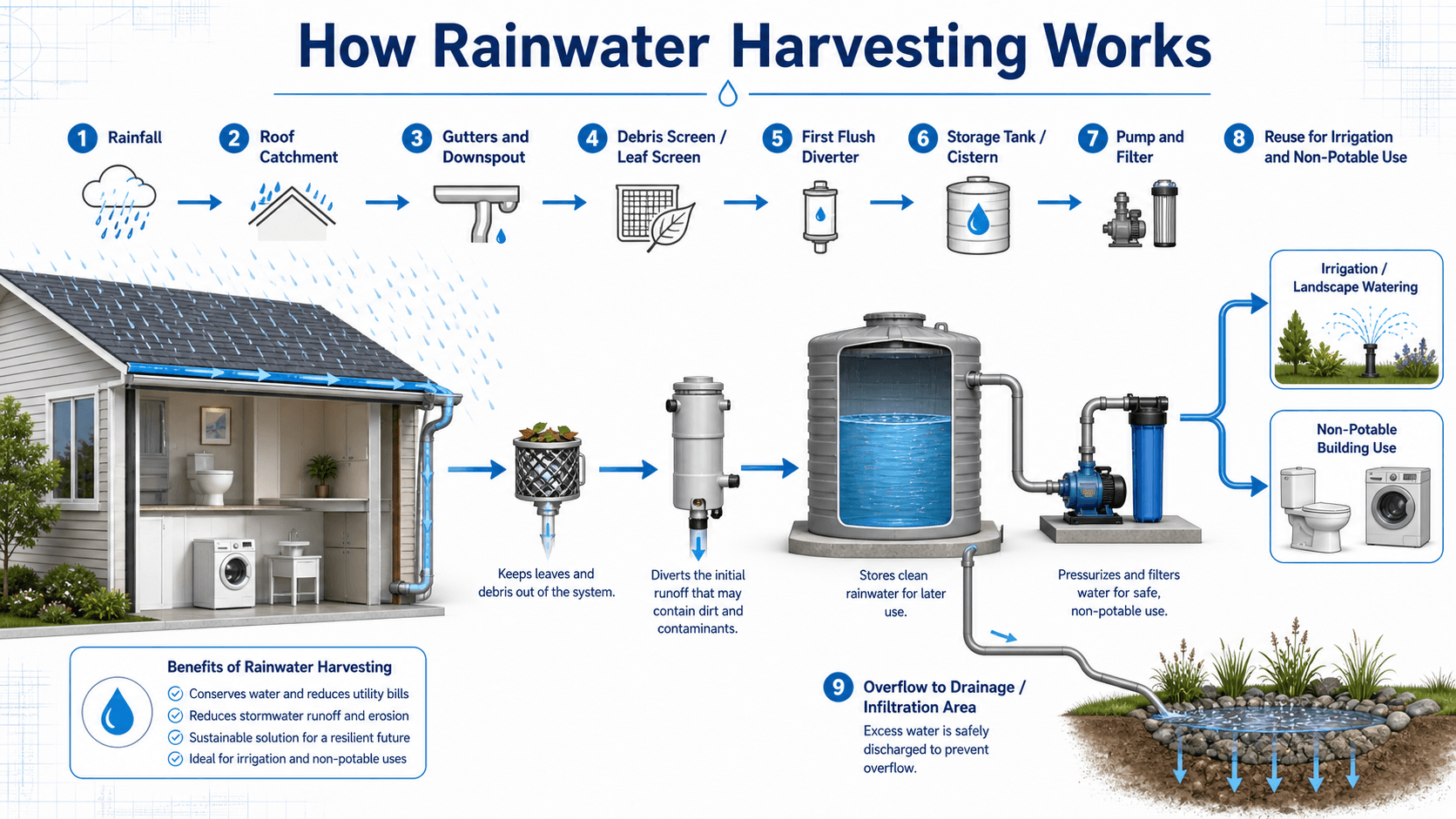 Diagram showing how rainwater harvesting collects roof runoff through gutters, a debris screen, first flush diverter, storage tank, pump, filter, reuse piping, and overflow routing.