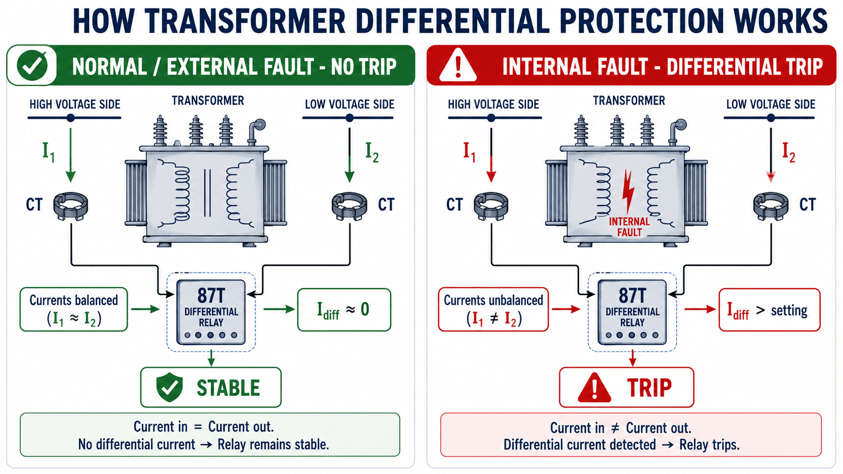 Split-panel diagram explaining transformer differential protection during normal external fault conditions and internal fault trip conditions