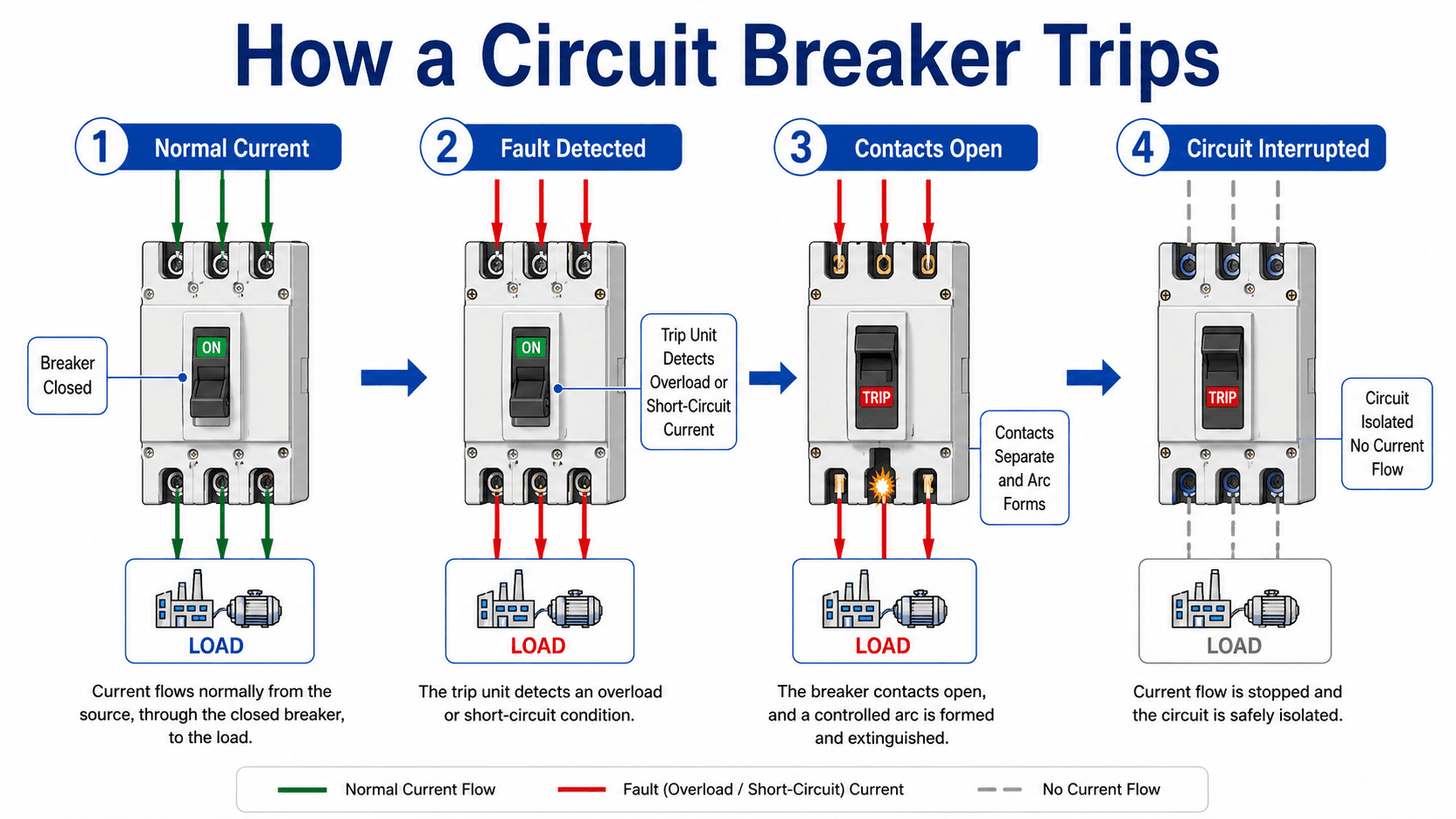 Diagram showing how a circuit breaker trips from normal current to fault detection, contact opening, arc formation, and circuit interruption
