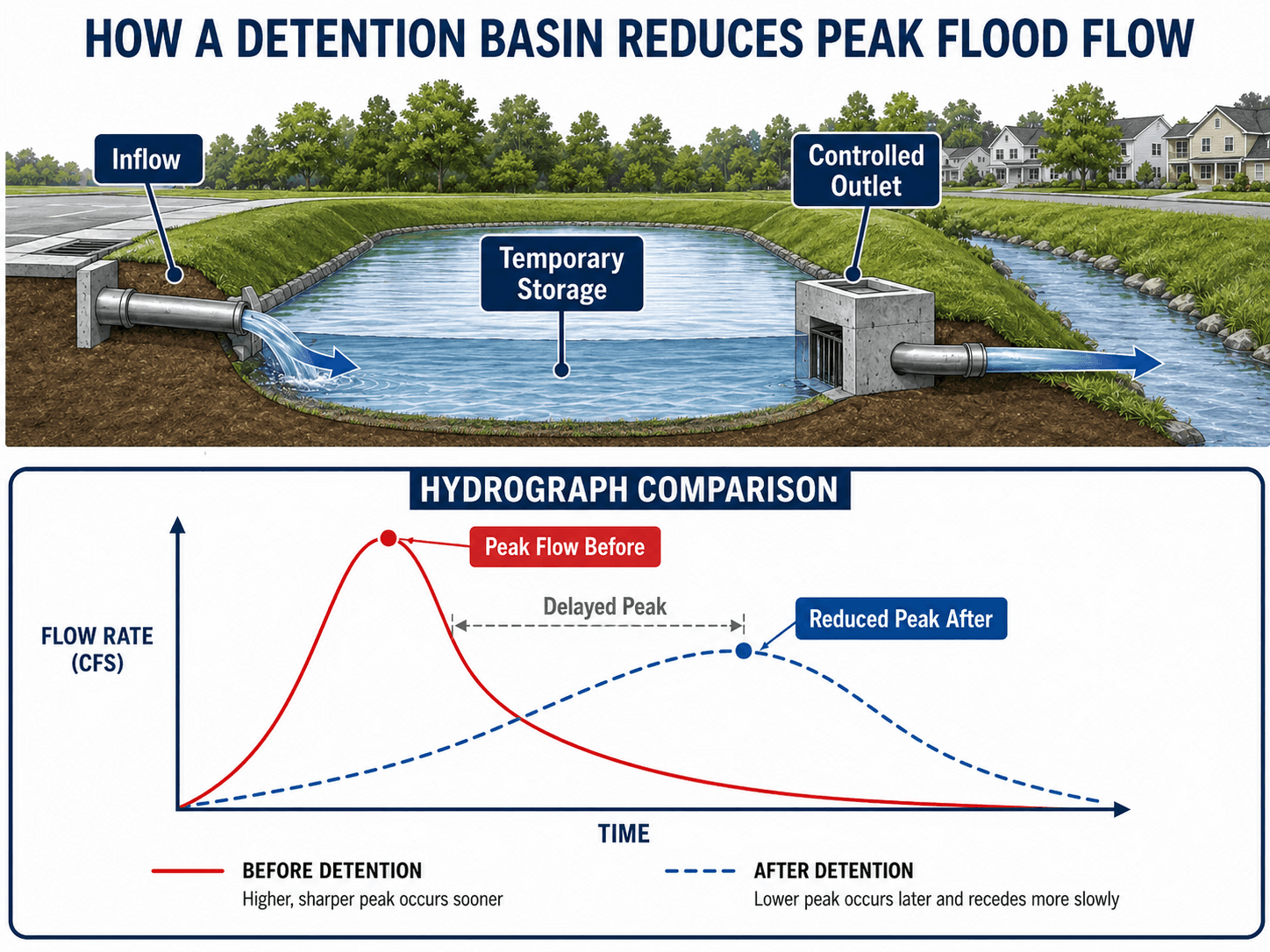 Engineering diagram showing how a detention basin stores stormwater temporarily and releases it through a controlled outlet to reduce peak flood flow downstream.