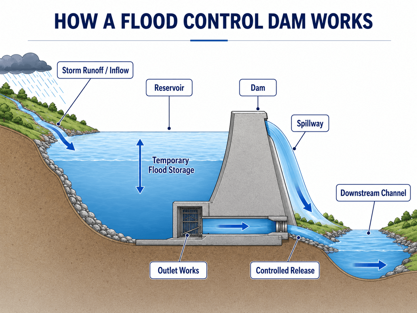 Diagram explaining how a flood control dam stores storm runoff in a reservoir and releases lower controlled flow downstream through outlet works and a spillway