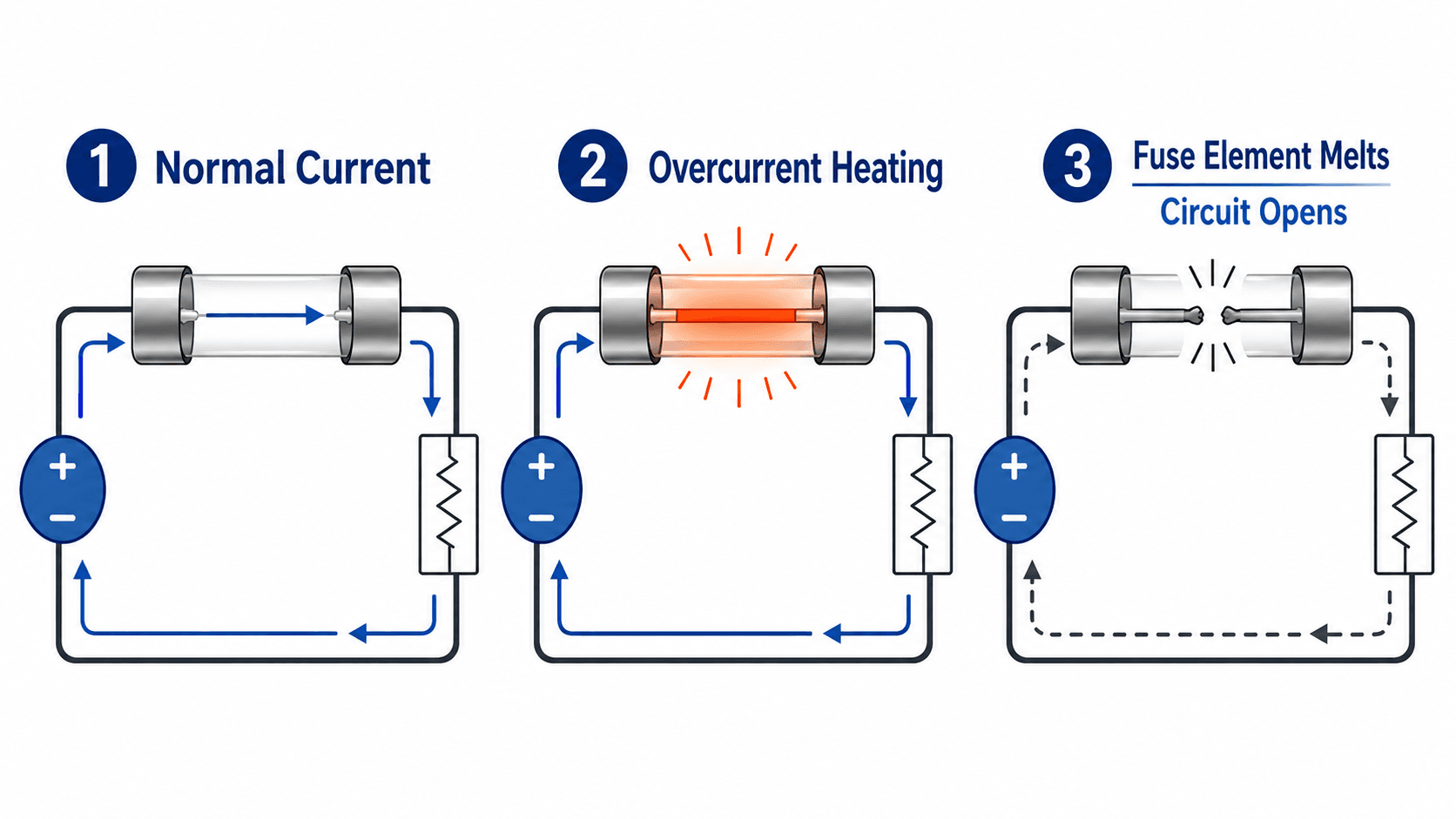Diagram showing how a fuse works through normal current, overcurrent heating, and fuse element melting to open a circuit