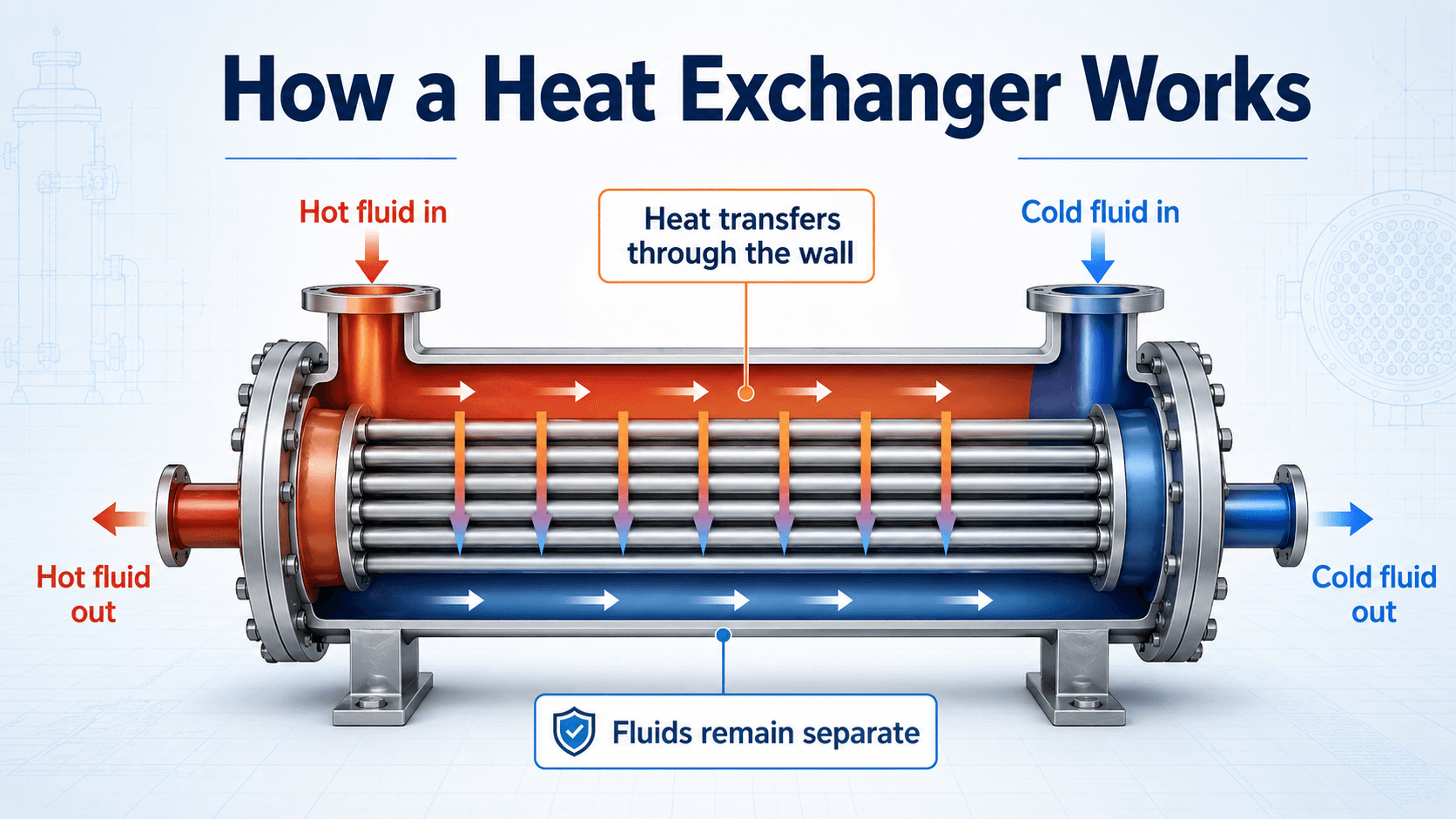 Heat exchanger diagram showing hot fluid, cold fluid, heat transfer through the wall, and separated fluid streams