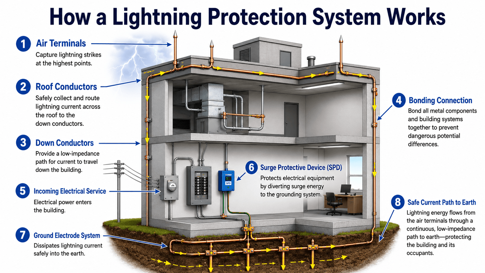 Lightning protection system diagram showing air terminals, down conductors, bonding connections, surge protective device, and ground electrode path to earth.