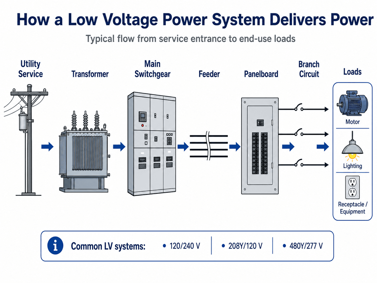 Low voltage power system flow from utility service to transformer, switchgear, feeder, panelboard, branch circuits, and loads