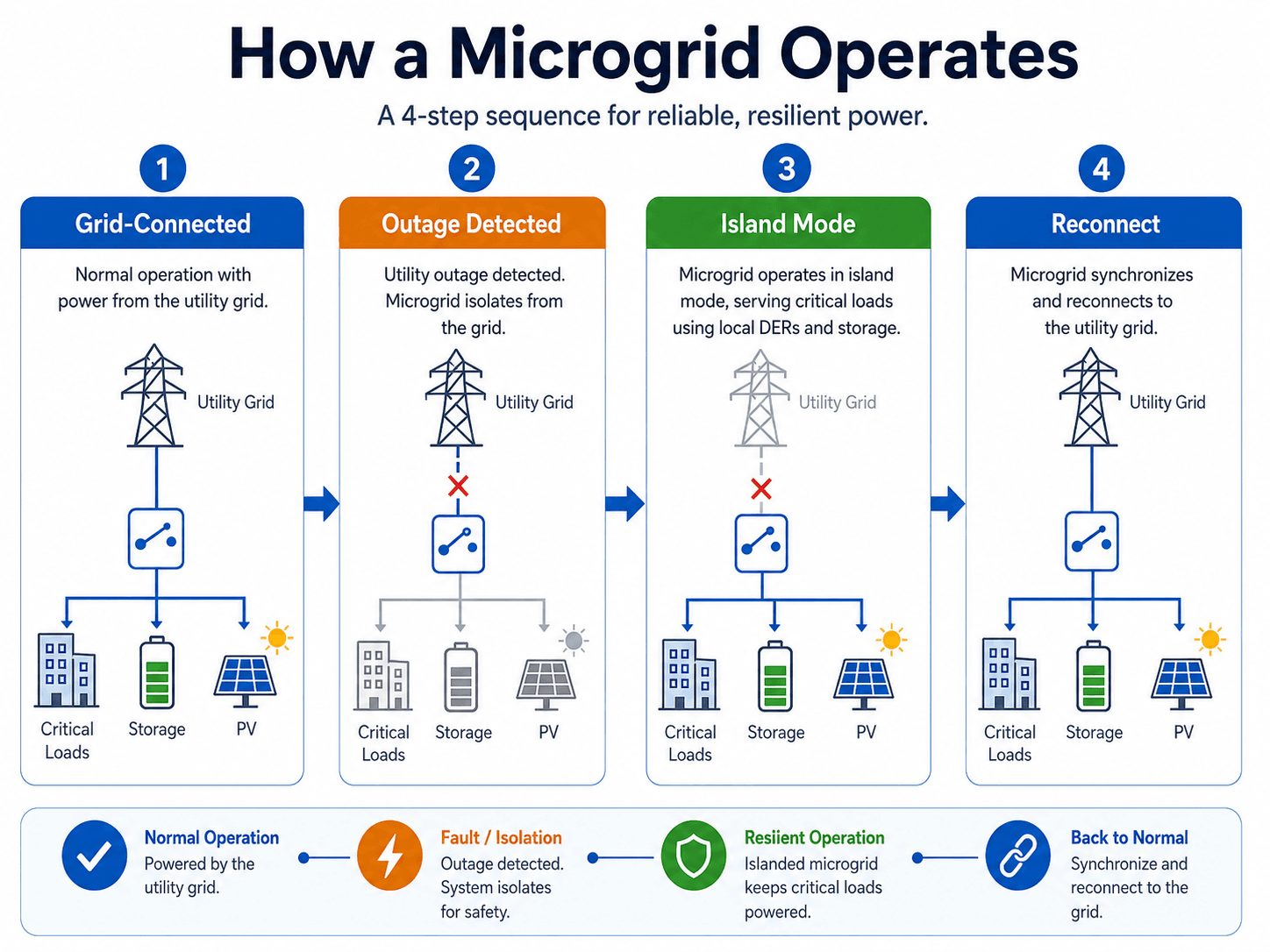 Four-step microgrid operation diagram showing grid-connected mode, outage detected, island mode, and reconnection