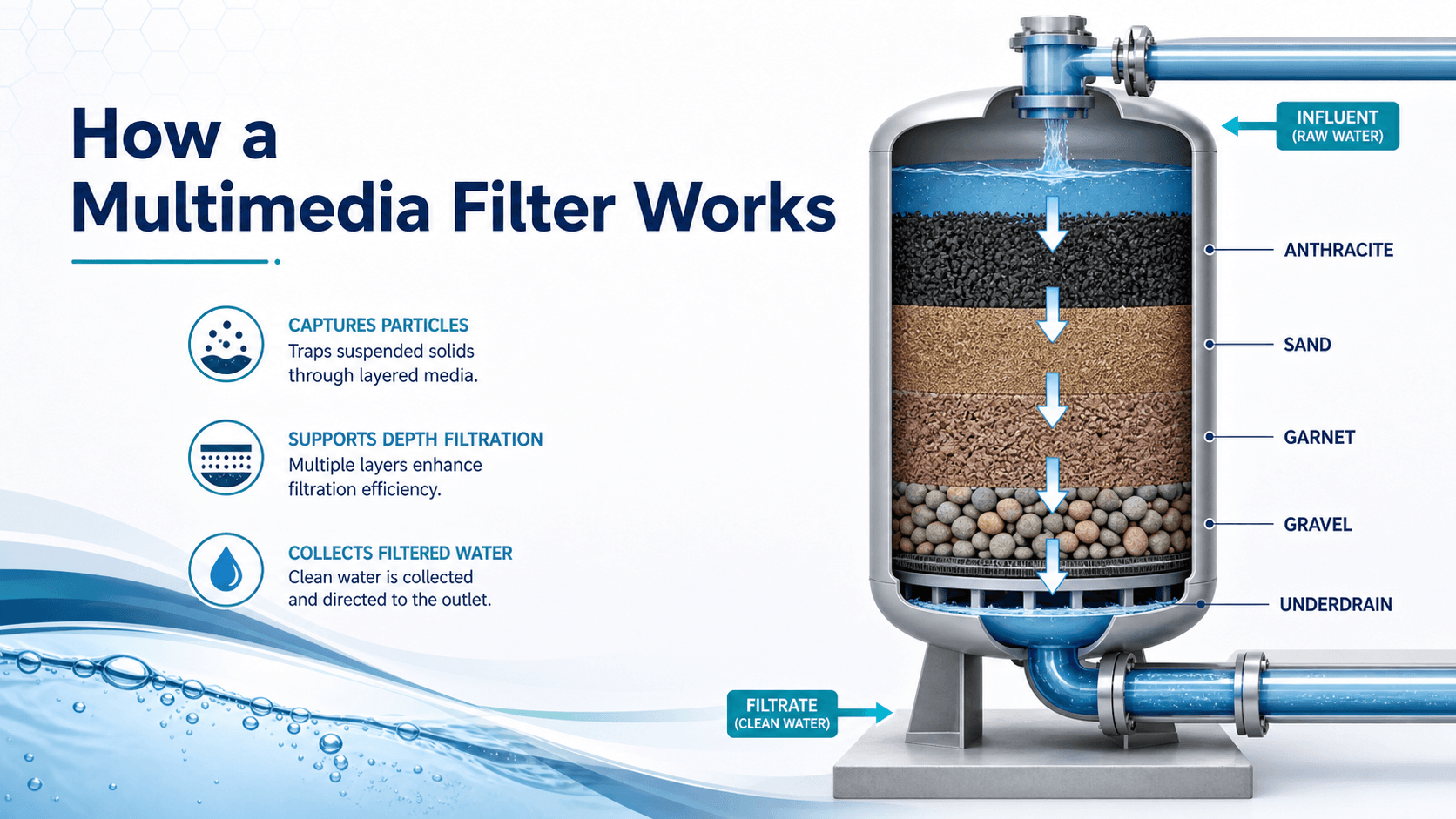Multimedia water filtration cross section showing anthracite sand garnet gravel and underdrain layers