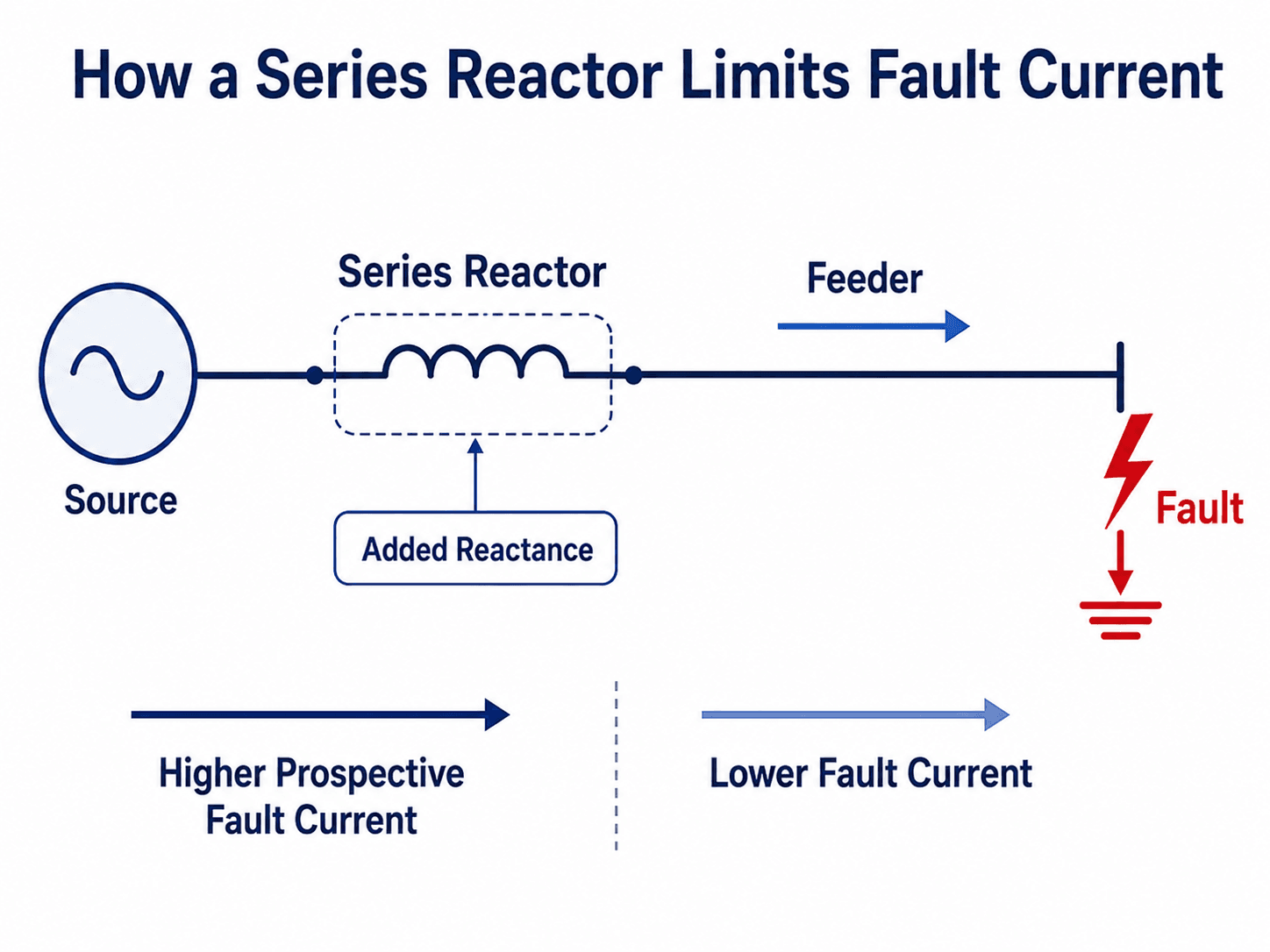 Diagram showing a series reactor installed in line with a feeder to add reactance and reduce downstream fault current