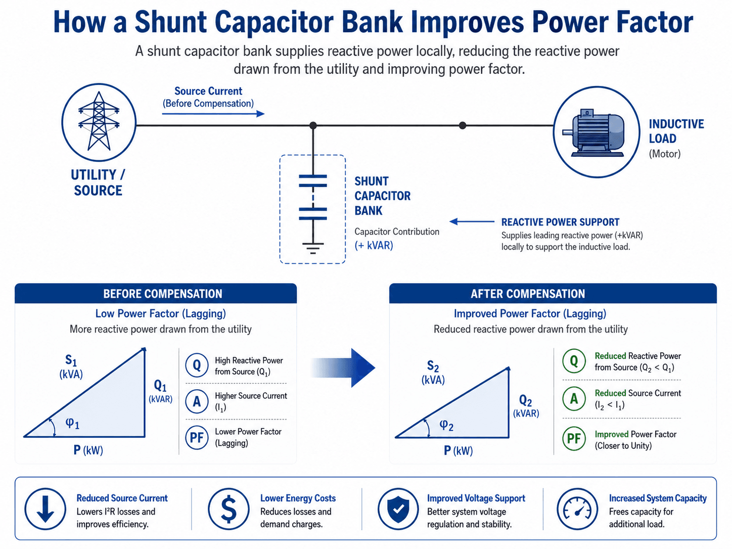 Power systems diagram showing a shunt capacitor bank connected near an inductive load and before-and-after power triangles showing improved power factor.