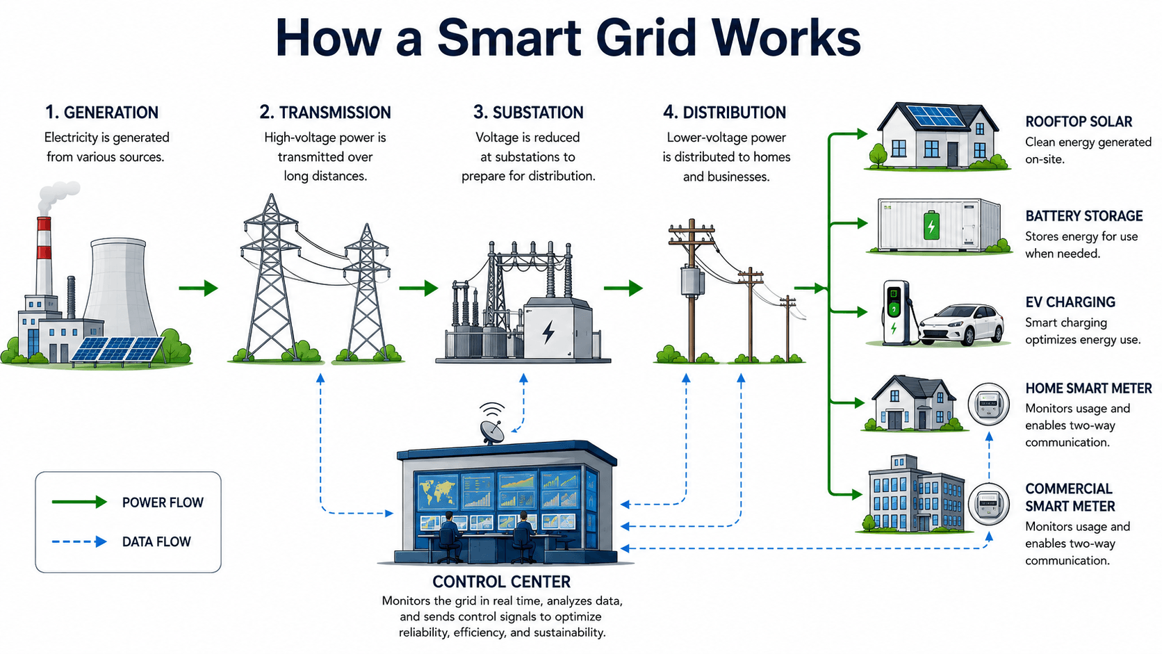 Smart grid diagram showing generation, transmission, substation, distribution, rooftop solar, battery storage, EV charging, smart meters, control center, power flow, and data flow
