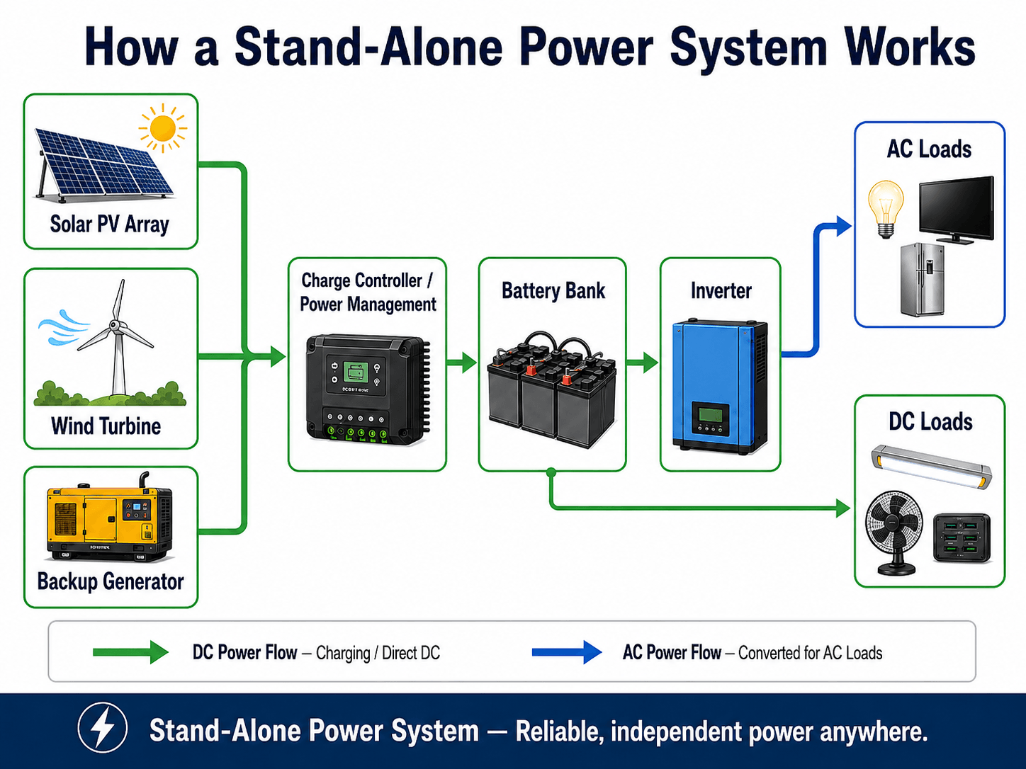 How a stand-alone power system works with solar PV array, wind turbine, backup generator, charge controller, battery bank, inverter, AC loads, and DC loads