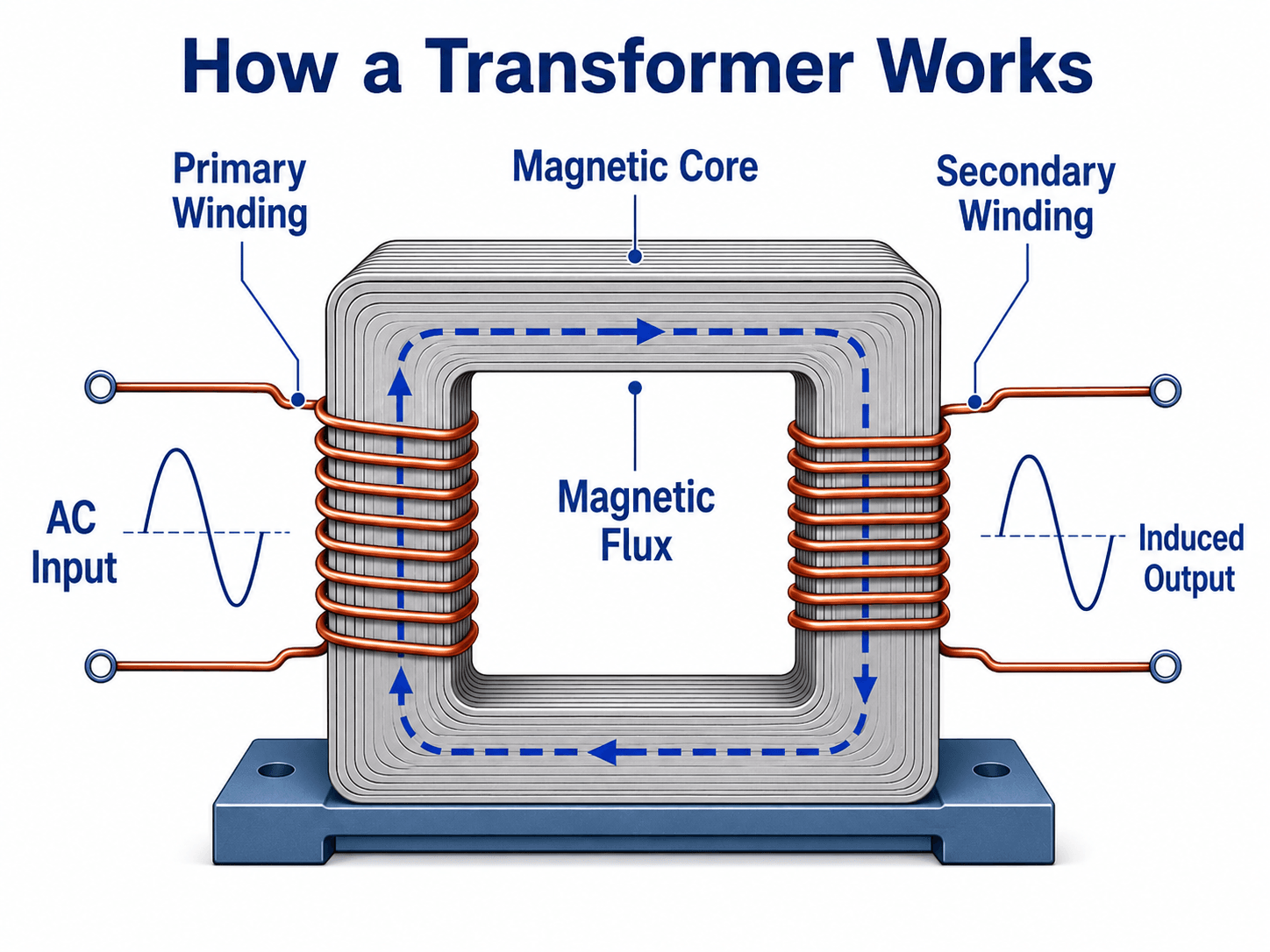 Diagram showing how an electrical transformer works with a primary winding, magnetic core, magnetic flux path, secondary winding, AC input, and induced output