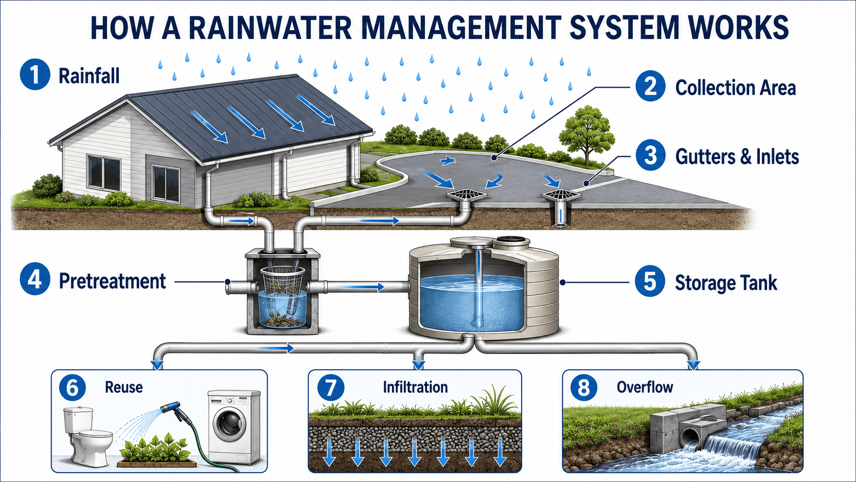 Diagram showing how a rainwater management system routes rainfall from roof and pavement collection areas through gutters, inlets, pretreatment, storage, reuse, infiltration, and overflow.