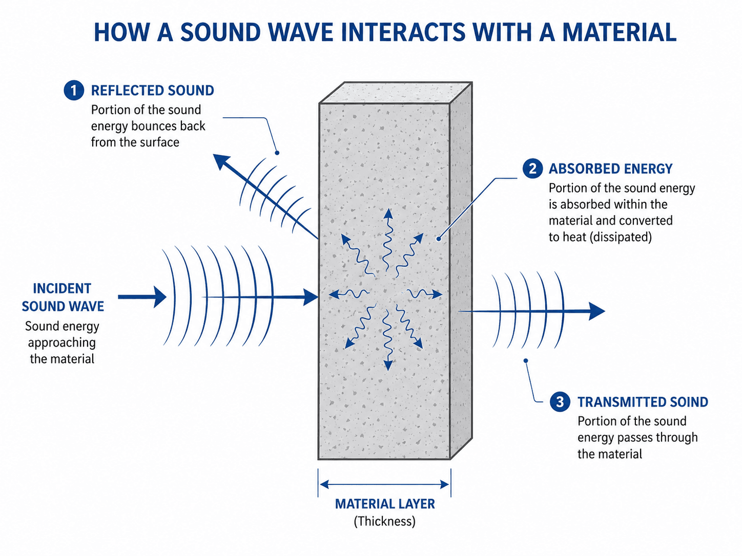 Diagram showing incident sound reflecting, absorbing, and transmitting through a material layer for acoustic properties