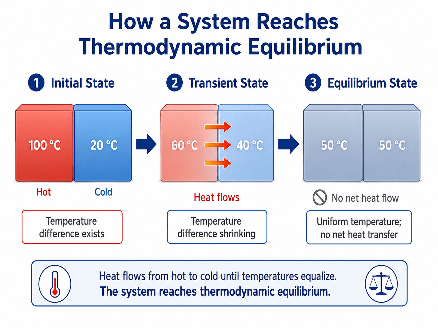 Three-stage diagram showing hot and cold blocks reaching thermal equilibrium as heat flows until temperature becomes uniform